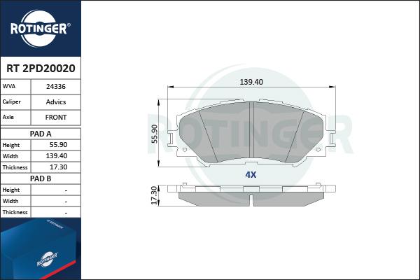 Rotinger RT 2PD20020 - Brake Pad Set, disc brake www.autospares.lv