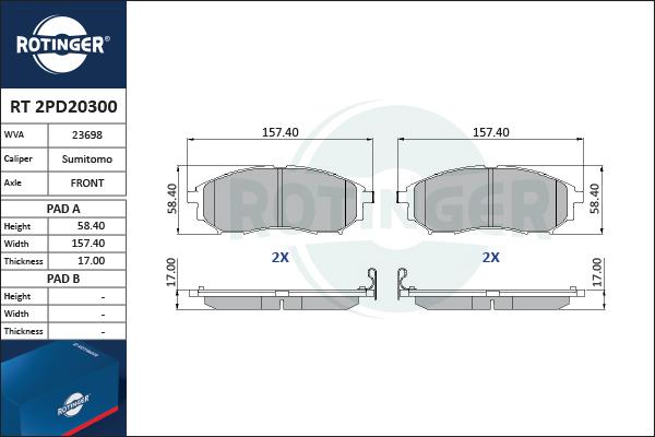 Rotinger RT 2PD20300 - Brake Pad Set, disc brake www.autospares.lv