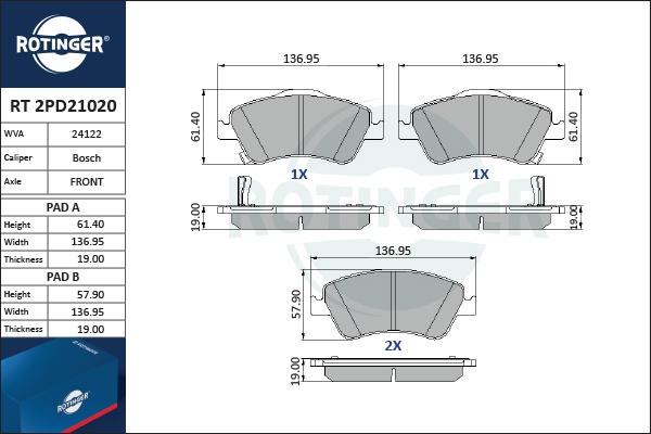 Rotinger RT 2PD21020 - Brake Pad Set, disc brake www.autospares.lv