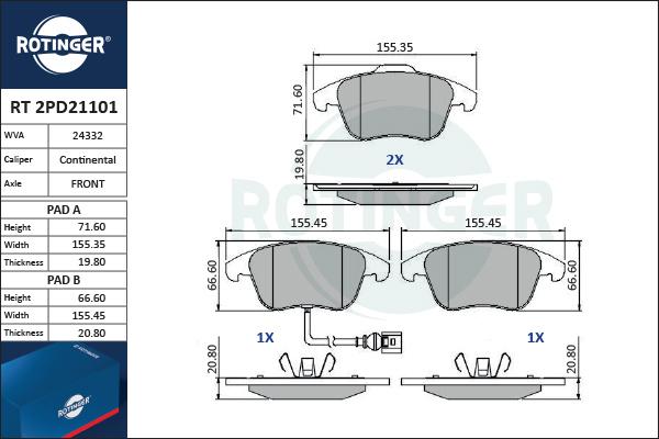 Rotinger RT 2PD21101 - Bremžu uzliku kompl., Disku bremzes www.autospares.lv