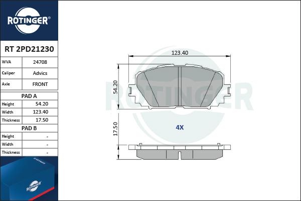 Rotinger RT 2PD21230 - Brake Pad Set, disc brake www.autospares.lv