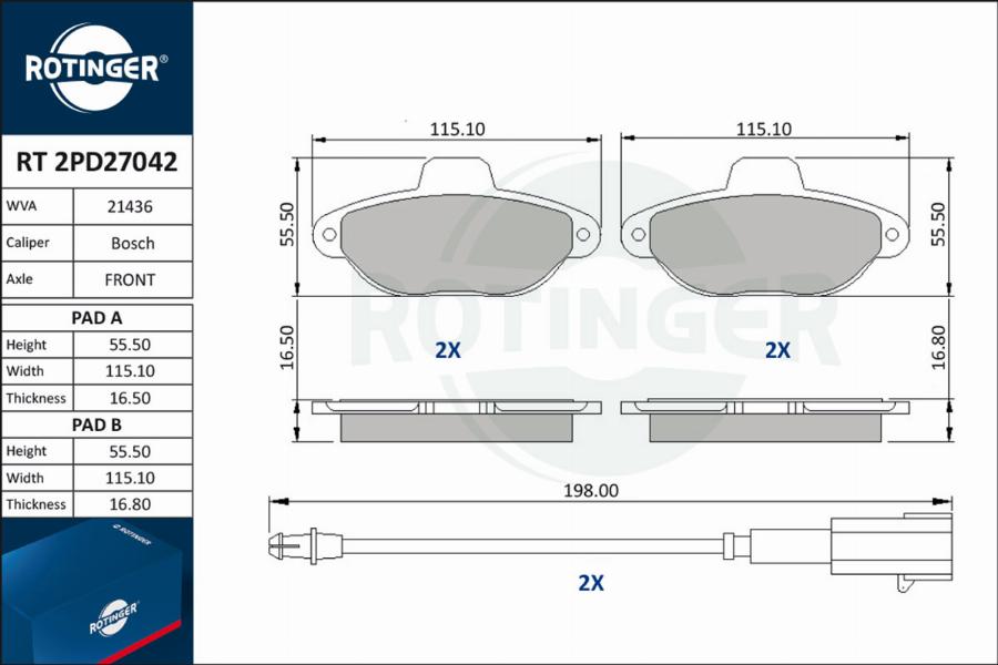 Rotinger RT 2PD27042 - Тормозные колодки, дисковые, комплект www.autospares.lv