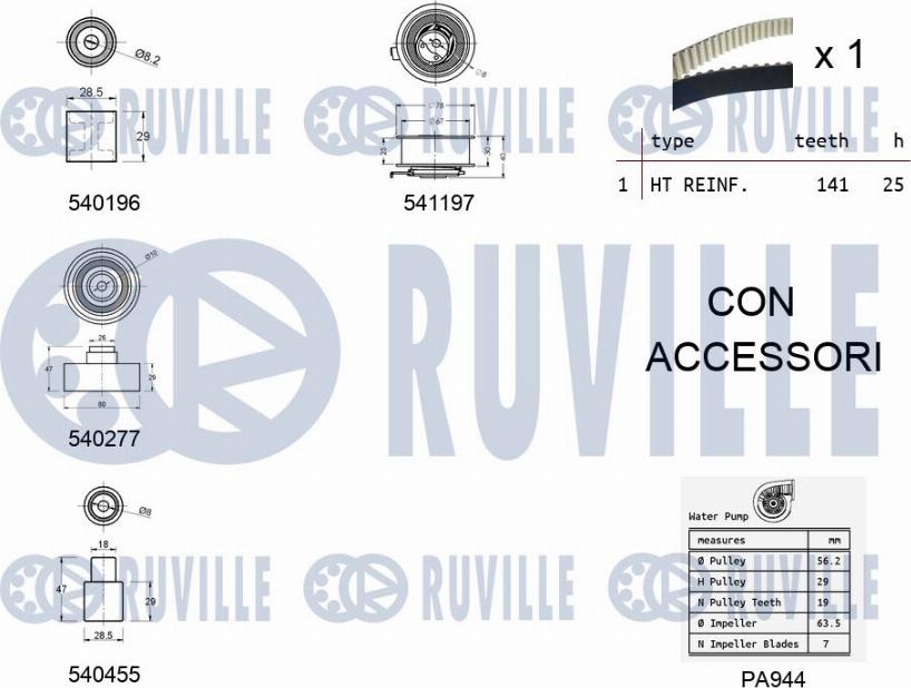 Ruville 5500591 - Водяной насос + комплект зубчатого ремня ГРМ www.autospares.lv