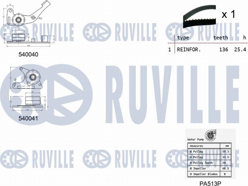 Ruville 5500661 - Водяной насос + комплект зубчатого ремня ГРМ www.autospares.lv