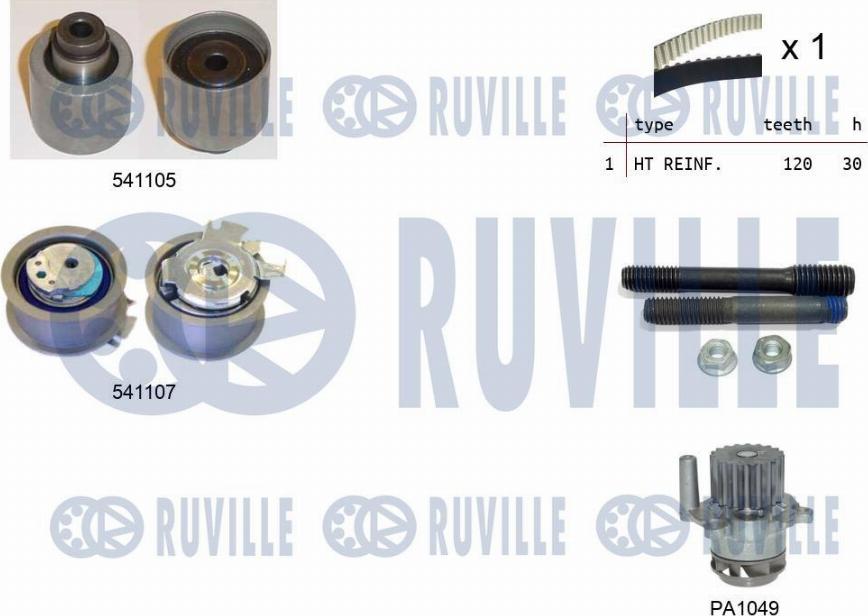 Ruville 5500613 - Водяной насос + комплект зубчатого ремня ГРМ www.autospares.lv