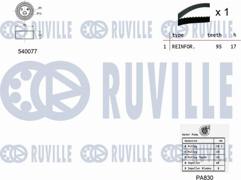 Ruville 5500321 - Водяной насос + комплект зубчатого ремня ГРМ www.autospares.lv