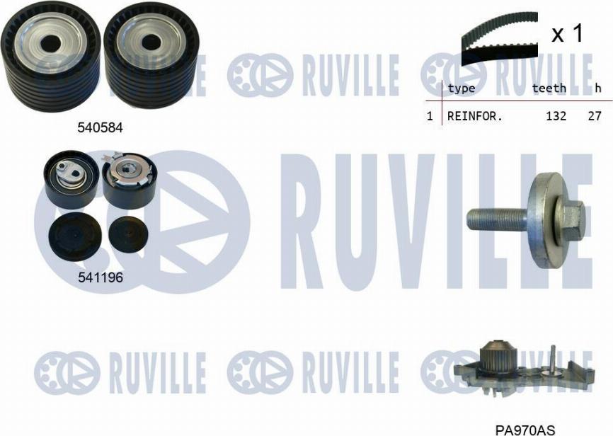 Ruville 5501091 - Водяной насос + комплект зубчатого ремня ГРМ www.autospares.lv