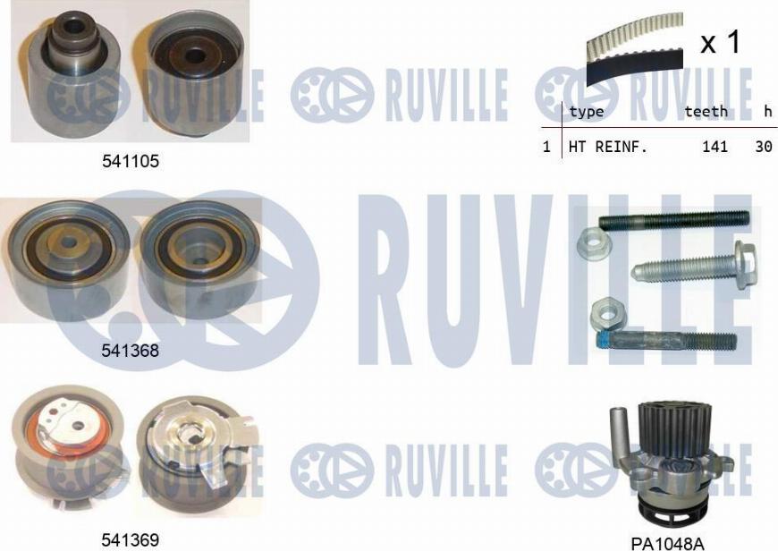 Ruville 5501261 - Водяной насос + комплект зубчатого ремня ГРМ www.autospares.lv