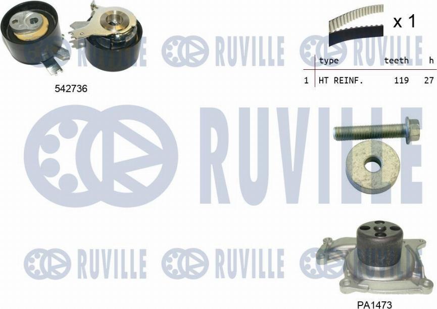 Ruville 5505011 - Водяной насос + комплект зубчатого ремня ГРМ www.autospares.lv