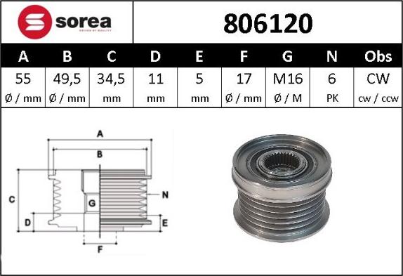 Sera 806120 - Pulley, alternator, freewheel clutch www.autospares.lv