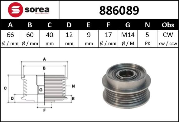 Sera 886089 - Шкив генератора, муфта www.autospares.lv