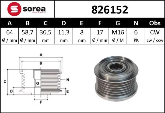 Sera 826152 - Pulley, alternator, freewheel clutch www.autospares.lv