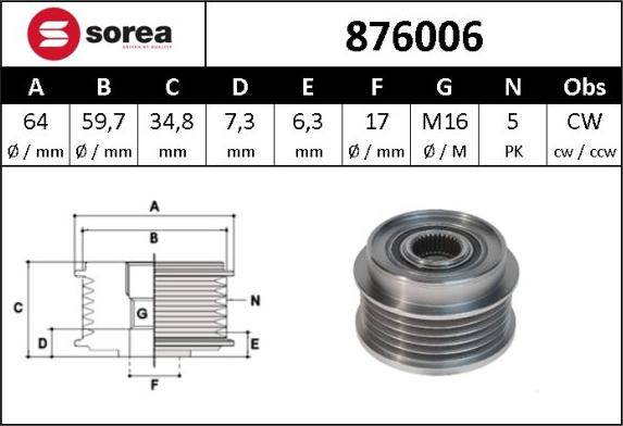 Sera 876006 - Шкив генератора, муфта www.autospares.lv