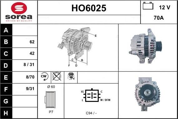 Sera HO6025 - Alternator www.autospares.lv