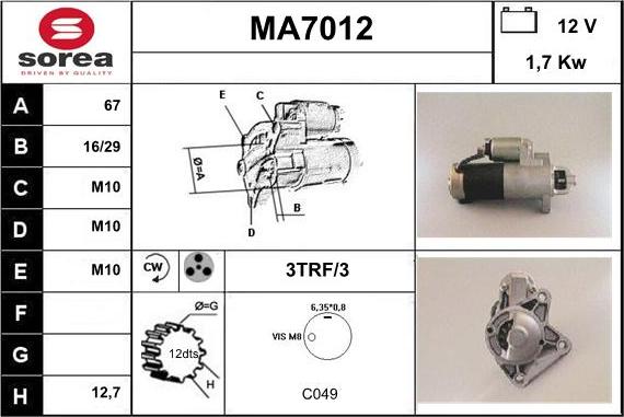 Sera MA7012 - Стартер www.autospares.lv