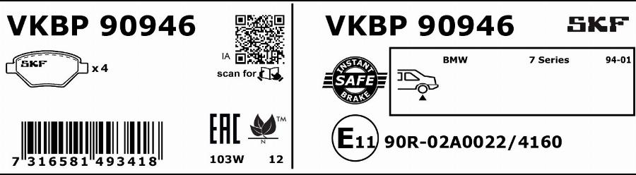 SKF VKBP 90946 - Bremžu uzliku kompl., Disku bremzes www.autospares.lv