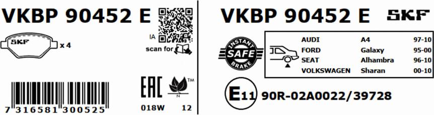 SKF VKBP 90452 E - Brake Pad Set, disc brake www.autospares.lv