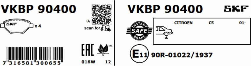 SKF VKBP 90400 - Bremžu uzliku kompl., Disku bremzes www.autospares.lv