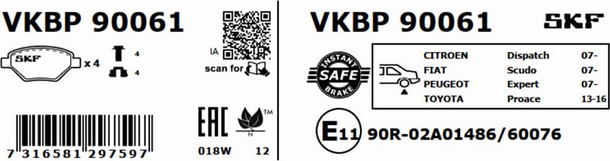 SKF VKBP 90061 - Bremžu uzliku kompl., Disku bremzes autospares.lv