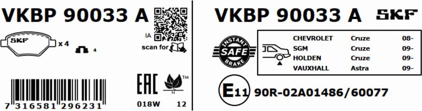 SKF VKBP 90033 A - Тормозные колодки, дисковые, комплект www.autospares.lv