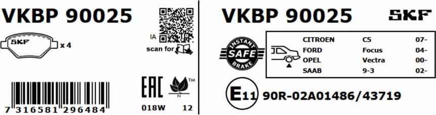 SKF VKBP 90025 - Bremžu uzliku kompl., Disku bremzes www.autospares.lv