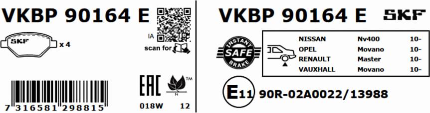 SKF VKBP 90164 E - Bremžu uzliku kompl., Disku bremzes autospares.lv