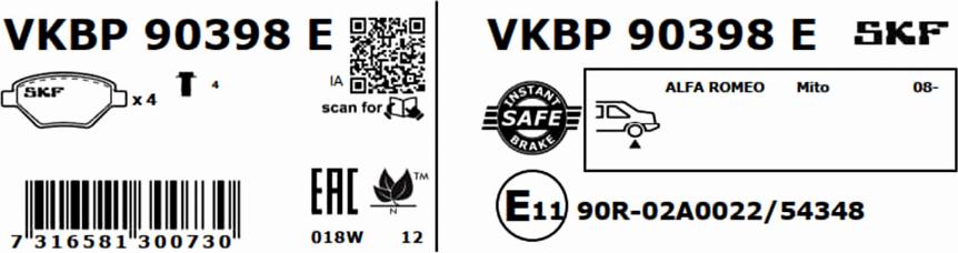 SKF VKBP 90398 E - Bremžu uzliku kompl., Disku bremzes www.autospares.lv