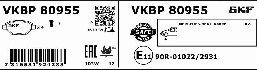 SKF VKBP 80955 - Bremžu uzliku kompl., Disku bremzes www.autospares.lv