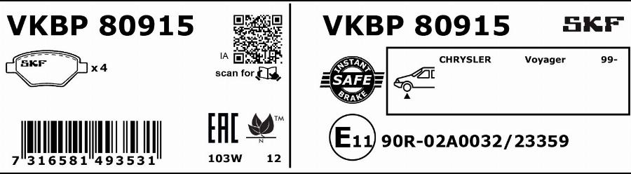 SKF VKBP 80915 - Bremžu uzliku kompl., Disku bremzes www.autospares.lv