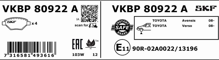 SKF VKBP 80922 A - Bremžu uzliku kompl., Disku bremzes www.autospares.lv