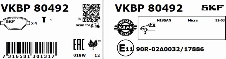 SKF VKBP 80492 - Bremžu uzliku kompl., Disku bremzes www.autospares.lv