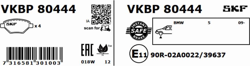 SKF VKBP 80444 - Bremžu uzliku kompl., Disku bremzes www.autospares.lv