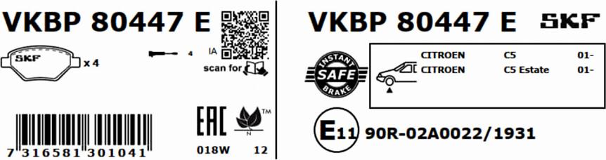 SKF VKBP 80447 E - Bremžu uzliku kompl., Disku bremzes www.autospares.lv