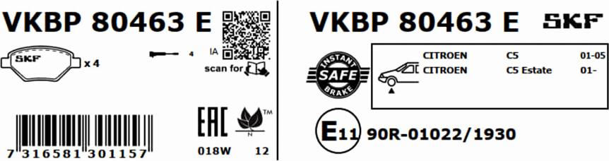 SKF VKBP 80463 E - Bremžu uzliku kompl., Disku bremzes www.autospares.lv