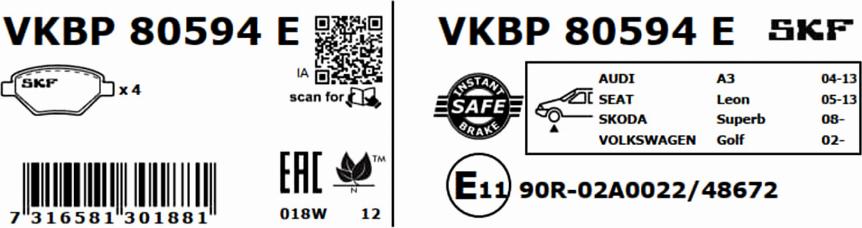 SKF VKBP 80594 E - Bremžu uzliku kompl., Disku bremzes www.autospares.lv