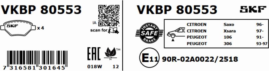 SKF VKBP 80553 - Bremžu uzliku kompl., Disku bremzes www.autospares.lv