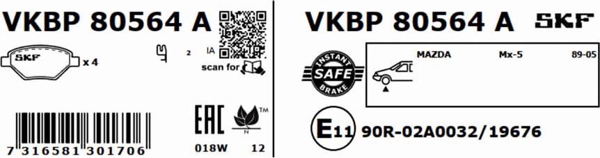 SKF VKBP 80564 A - Bremžu uzliku kompl., Disku bremzes www.autospares.lv