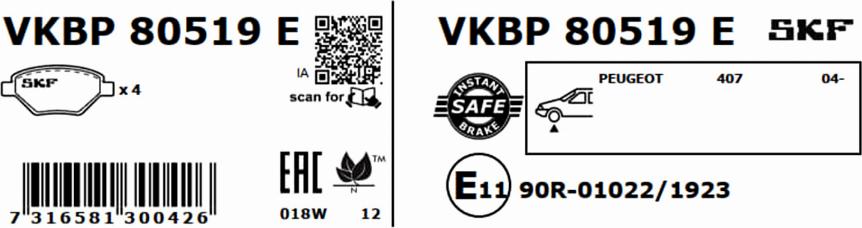 SKF VKBP 80519 E - Bremžu uzliku kompl., Disku bremzes autospares.lv