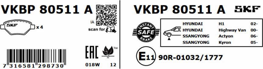 SKF VKBP 80511 A - Тормозные колодки, дисковые, комплект www.autospares.lv