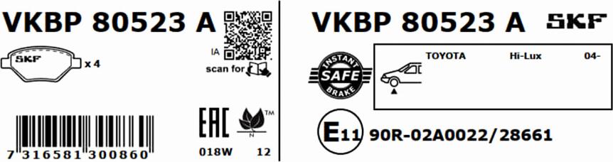 SKF VKBP 80523 A - Brake Pad Set, disc brake www.autospares.lv