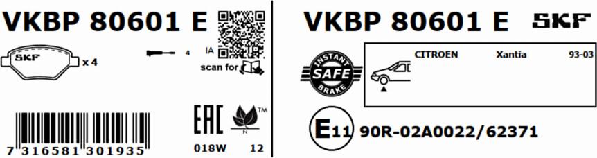 SKF VKBP 80601 E - Bremžu uzliku kompl., Disku bremzes www.autospares.lv