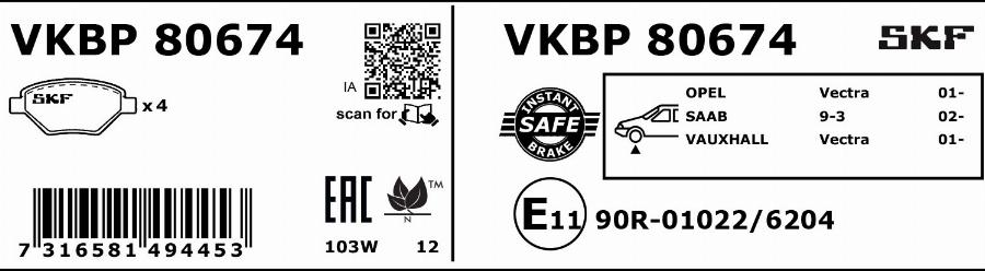 SKF VKBP 80674 - Brake Pad Set, disc brake www.autospares.lv