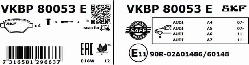 SKF VKBP 80053 E - Bremžu uzliku kompl., Disku bremzes www.autospares.lv