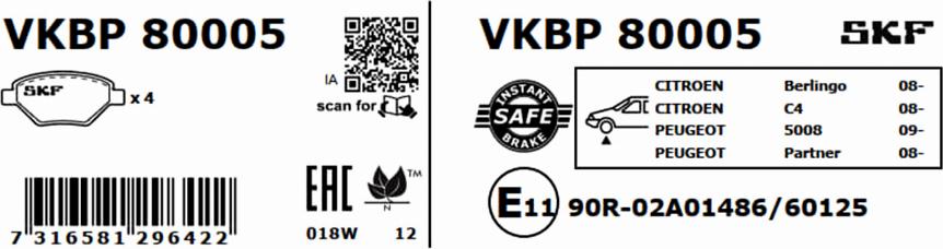 SKF VKBP 80005 - Bremžu uzliku kompl., Disku bremzes autospares.lv