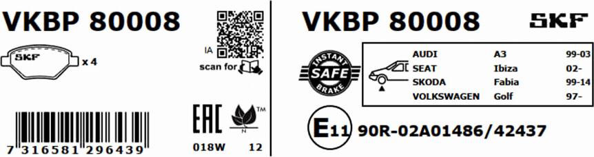 SKF VKBP 80008 - Bremžu uzliku kompl., Disku bremzes www.autospares.lv