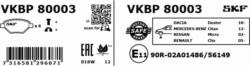 SKF VKBP 80003 - Bremžu uzliku kompl., Disku bremzes www.autospares.lv