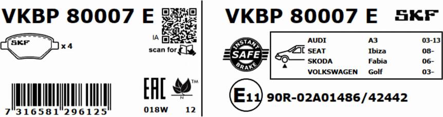 SKF VKBP 80007 E - Bremžu uzliku kompl., Disku bremzes autospares.lv