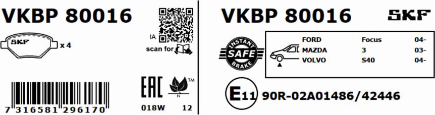 SKF VKBP 80016 - Bremžu uzliku kompl., Disku bremzes autospares.lv