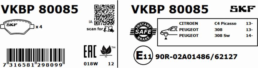 SKF VKBP 80085 - Bremžu uzliku kompl., Disku bremzes autospares.lv