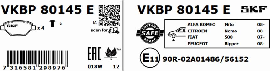 SKF VKBP 80145 E - Brake Pad Set, disc brake www.autospares.lv